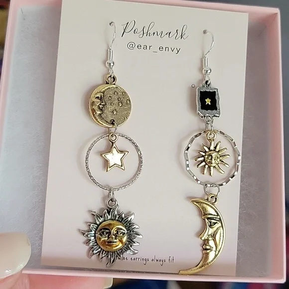 Celestial Two-Tone Drop Earrings, 925 wires - Picture 1 of 12